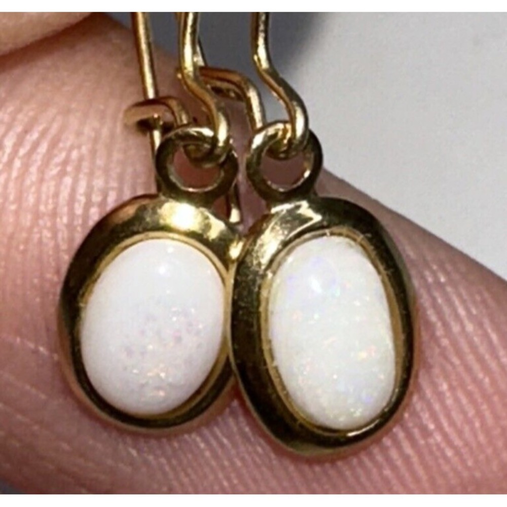 Fire Opal Dangle Hook Earrings Gold Oval Daity Unmarked View 3